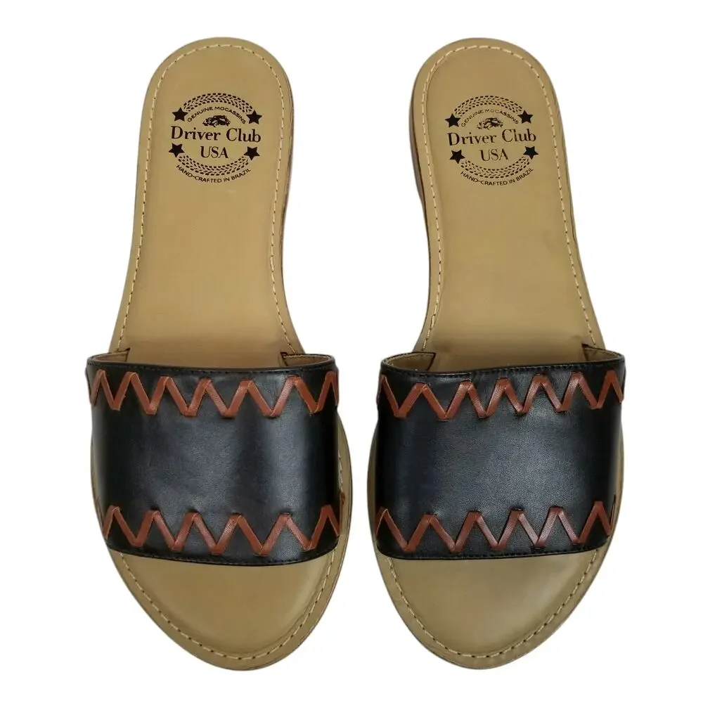 Driver Club USA NWOB Women's Black Brown Leather Slides Sandals Size 9